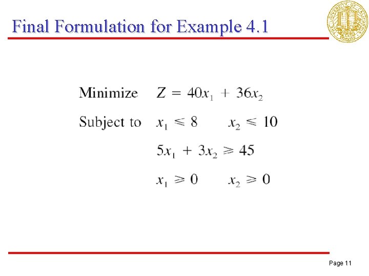 Final Formulation for Example 4. 1 Page 11 