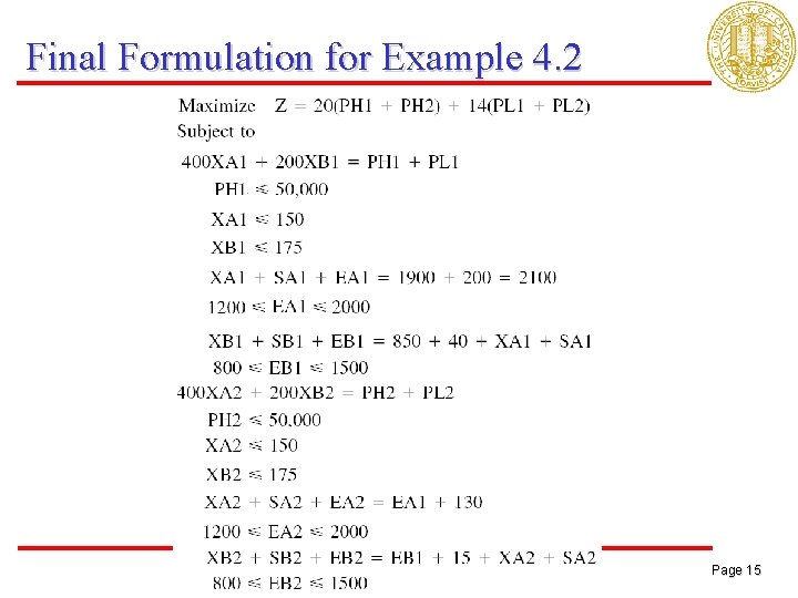 Final Formulation for Example 4. 2 Page 15 