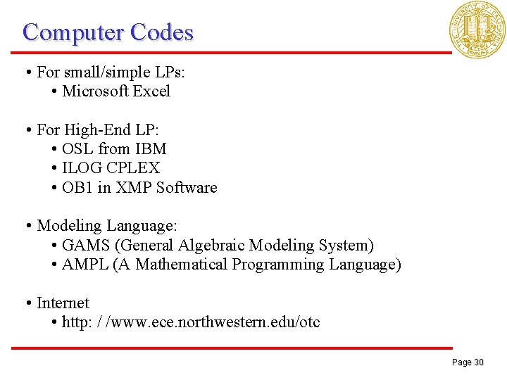 Computer Codes • For small/simple LPs: • Microsoft Excel • For High-End LP: •