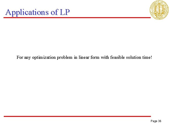 Applications of LP For any optimization problem in linear form with feasible solution time!