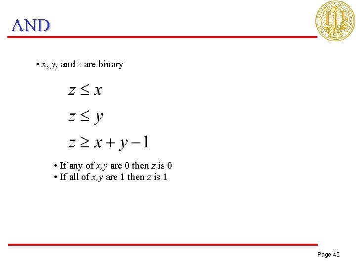 AND • x, y, and z are binary • If any of x, y