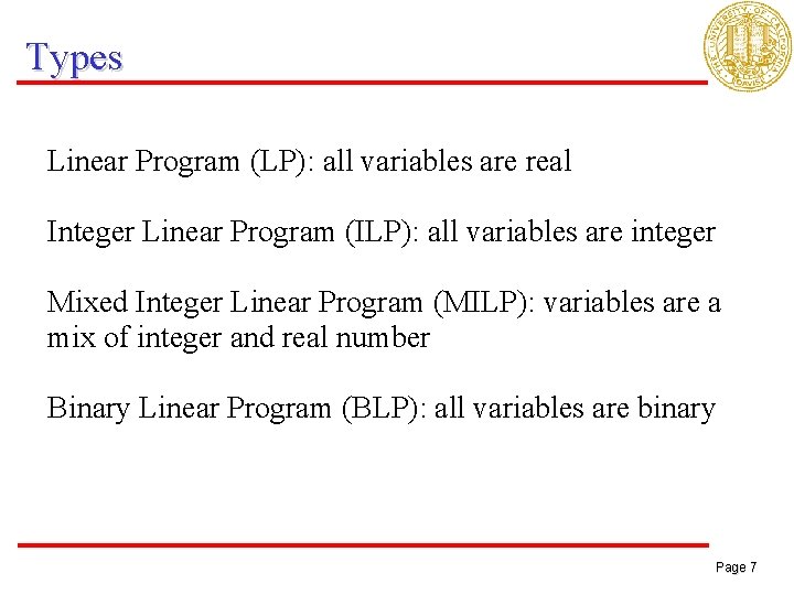 Types Linear Program (LP): all variables are real Integer Linear Program (ILP): all variables