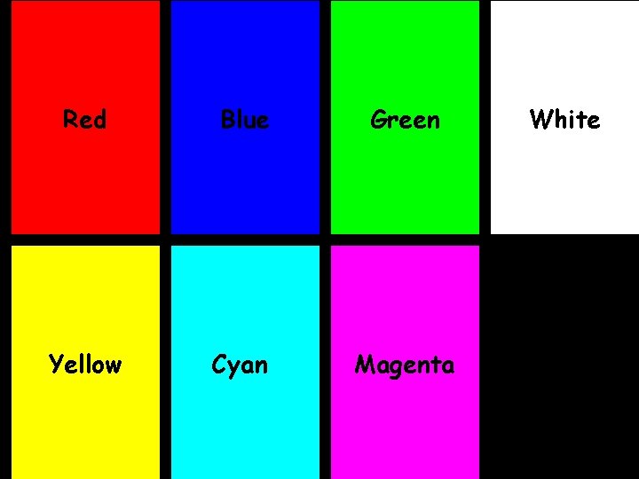 Red Blue Green Yellow Cyan Magenta White 