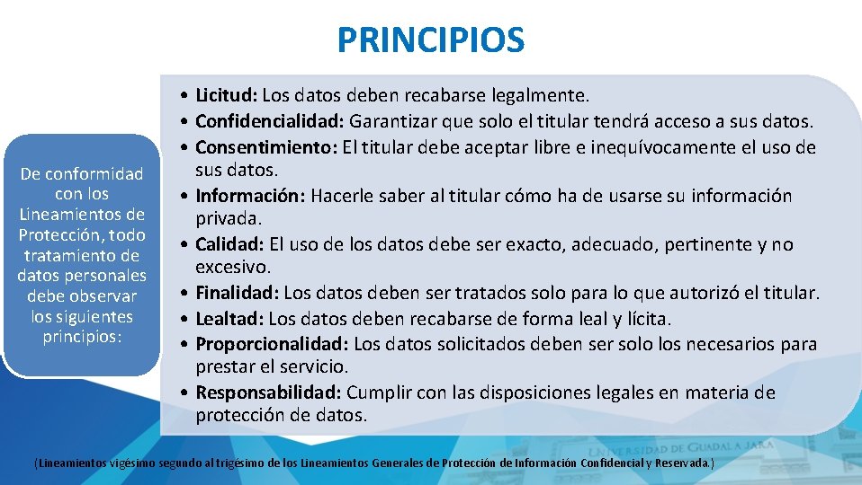 PRINCIPIOS De conformidad con los Lineamientos de Protección, todo tratamiento de datos personales debe