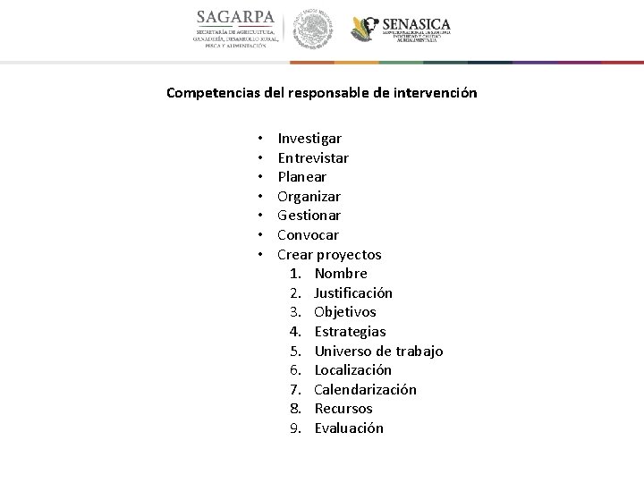 Competencias del responsable de intervención • • Investigar Entrevistar Planear Organizar Gestionar Convocar Crear