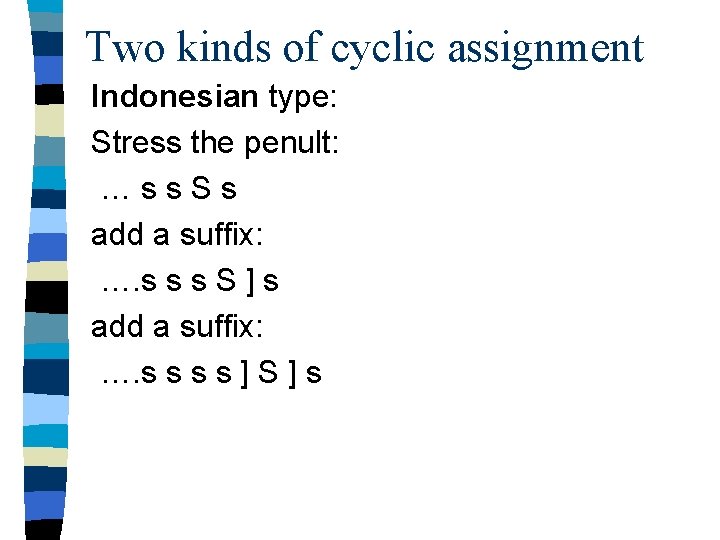 Two kinds of cyclic assignment Indonesian type: Stress the penult: …ss. Ss add a