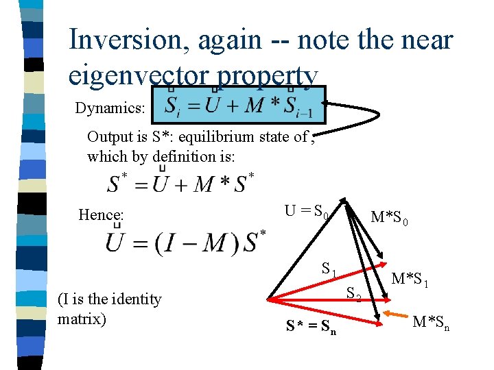 Inversion, again -- note the near eigenvector property Dynamics: Output is S*: equilibrium state