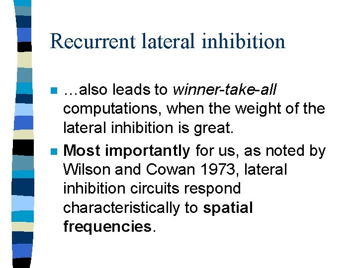 Recurrent lateral inhibition n n …also leads to winner-take-all computations, when the weight of