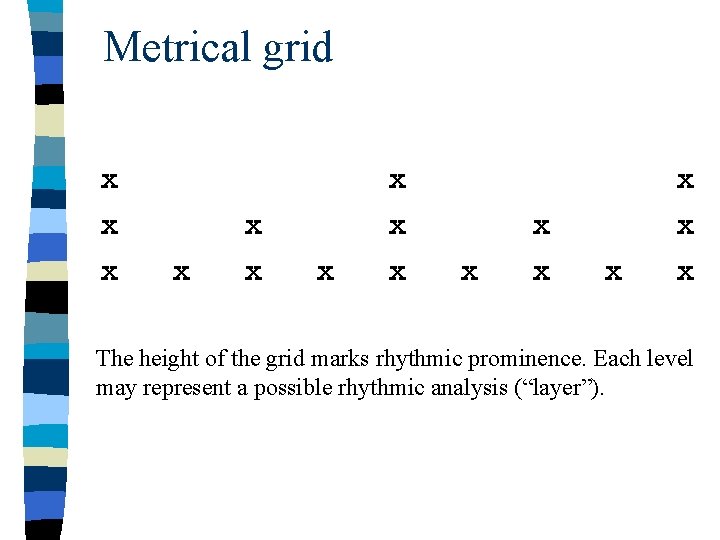 Metrical grid x x x x x The height of the grid marks rhythmic