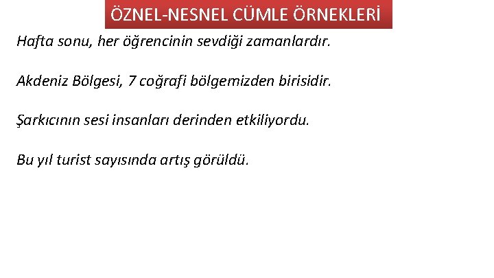 ÖZNEL-NESNEL CÜMLE ÖRNEKLERİ Hafta sonu, her öğrencinin sevdiği zamanlardır. Akdeniz Bölgesi, 7 coğrafi bölgemizden