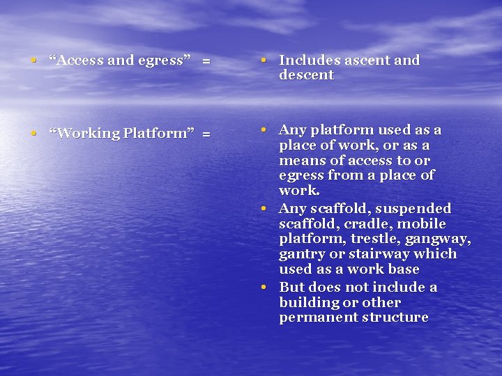 • “Access and egress” = • Includes ascent and • “Working Platform” = • “Access and egress” = • Includes ascent and • “Working Platform” =