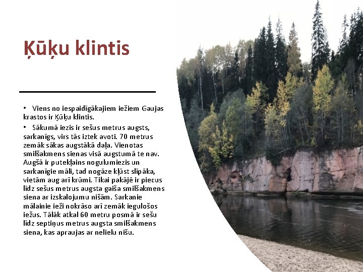 Ķūķu klintis • Viens no iespaidīgākajiem iežiem Gaujas krastos ir Ķūķu klintis. • Sākumā