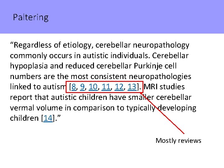 Paltering “Regardless of etiology, cerebellar neuropathology commonly occurs in autistic individuals. Cerebellar hypoplasia and