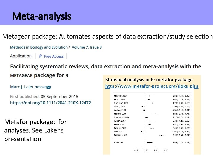 Meta-analysis Metagear package: Automates aspects of data extraction/study selection Statistical analysis in R: metafor