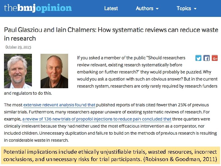 Unnecessary research Potential implications include ethically unjustifiable trials, wasted resources, incorrect conclusions, and unnecessary