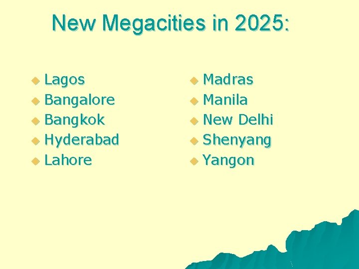 New Megacities in 2025: Lagos u Bangalore u Bangkok u Hyderabad u Lahore u