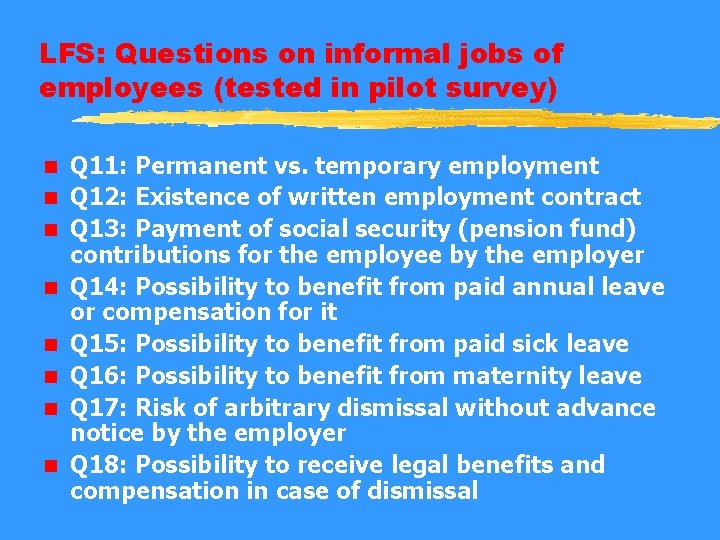 LFS: Questions on informal jobs of employees (tested in pilot survey) n n n