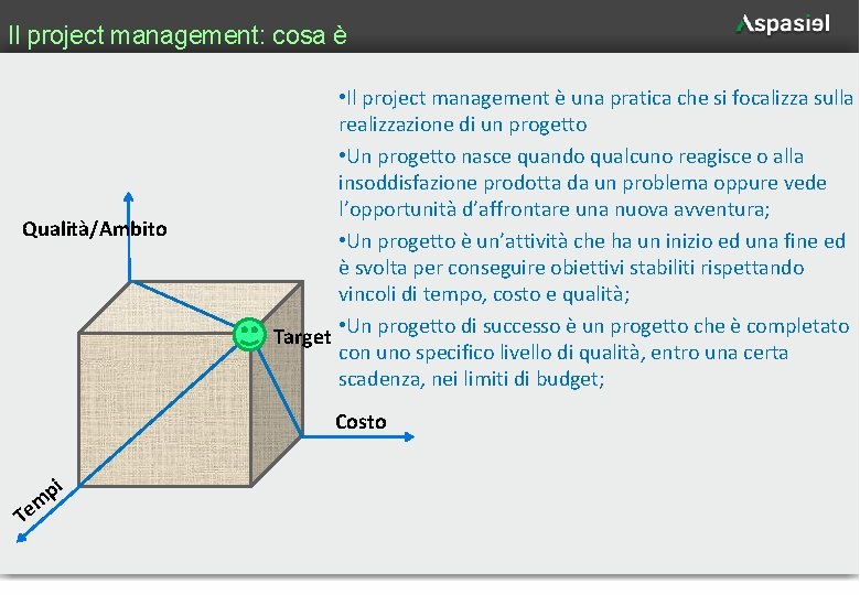 Il project management: cosa è Qualità/Ambito • Il project management è una pratica che