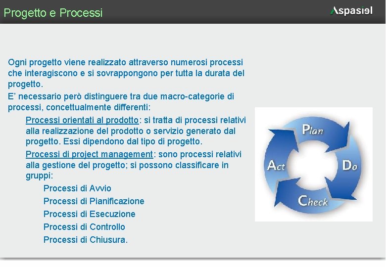 Progetto e Processi Ogni progetto viene realizzato attraverso numerosi processi che interagiscono e si