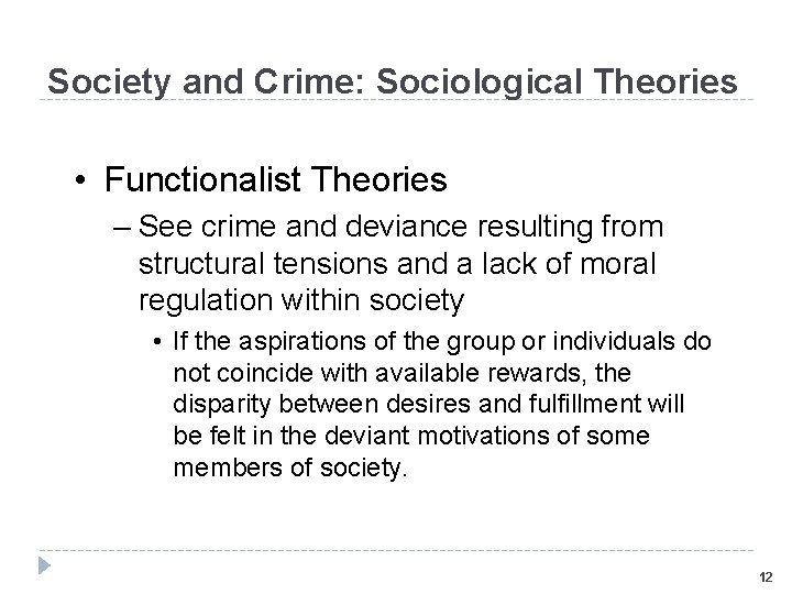 Society and Crime: Sociological Theories • Functionalist Theories – See crime and deviance resulting