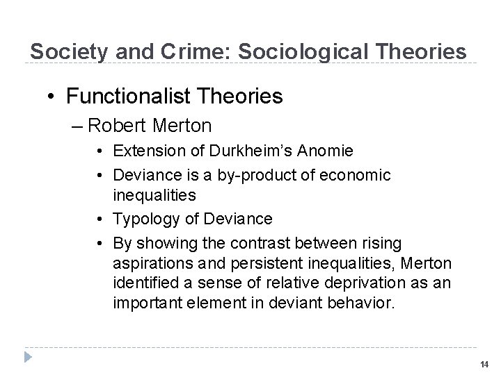 Society and Crime: Sociological Theories • Functionalist Theories – Robert Merton • Extension of