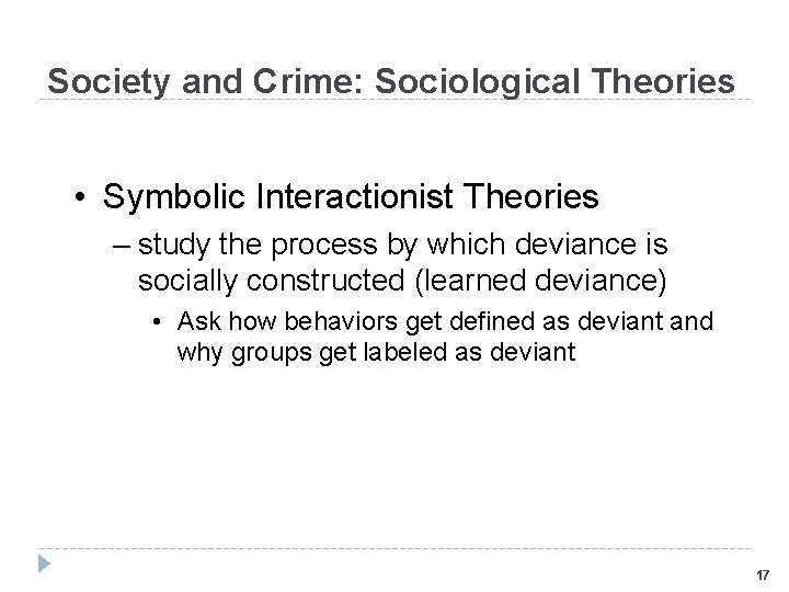 Society and Crime: Sociological Theories • Symbolic Interactionist Theories – study the process by