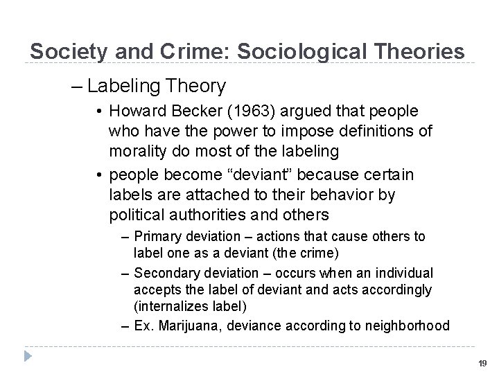 Society and Crime: Sociological Theories – Labeling Theory • Howard Becker (1963) argued that