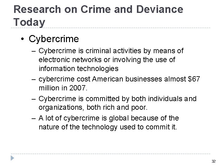 Research on Crime and Deviance Today • Cybercrime – Cybercrime is criminal activities by