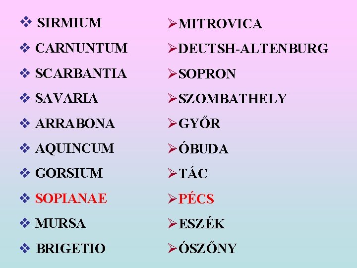 v SIRMIUM ØMITROVICA v CARNUNTUM ØDEUTSH-ALTENBURG v SCARBANTIA ØSOPRON v SAVARIA ØSZOMBATHELY v ARRABONA