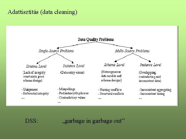 Adattisztítás (data cleaning) DSS: „garbage in garbage out” 