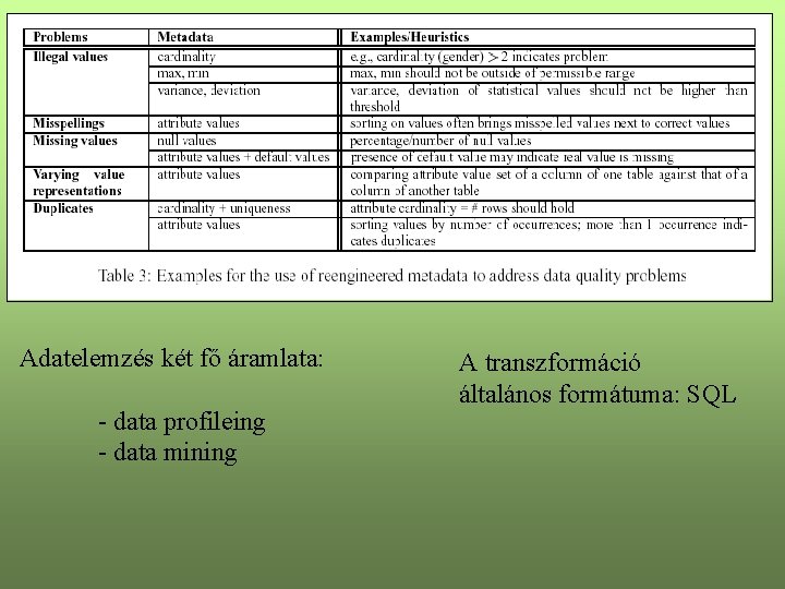Adatelemzés két fő áramlata: - data profileing - data mining A transzformáció általános formátuma: