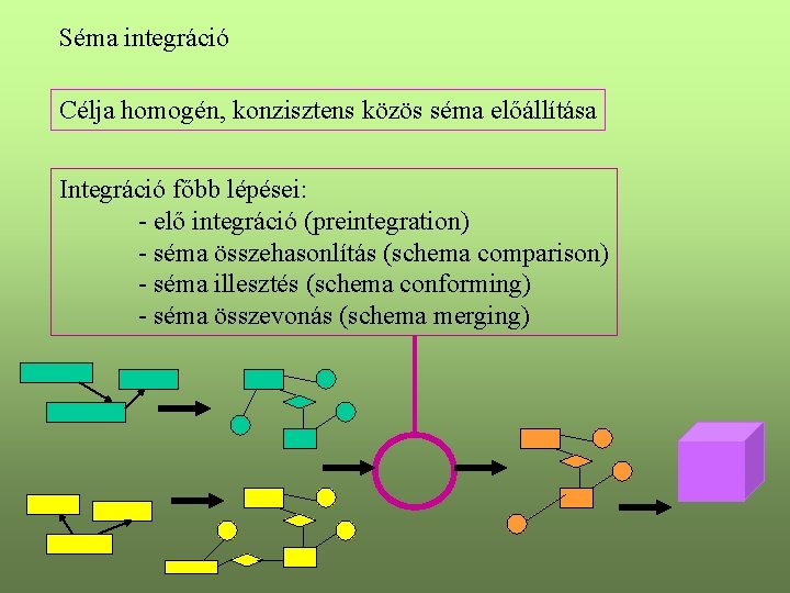 Séma integráció Célja homogén, konzisztens közös séma előállítása Integráció főbb lépései: - elő integráció