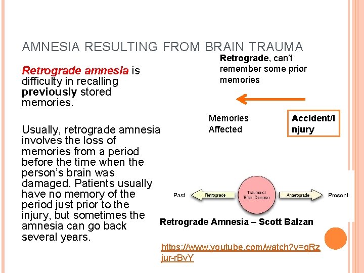 AMNESIA RESULTING FROM BRAIN TRAUMA Retrograde amnesia is difficulty in recalling previously stored memories.