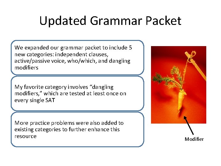 Updated Grammar Packet We expanded our grammar packet to include 5 new categories: independent