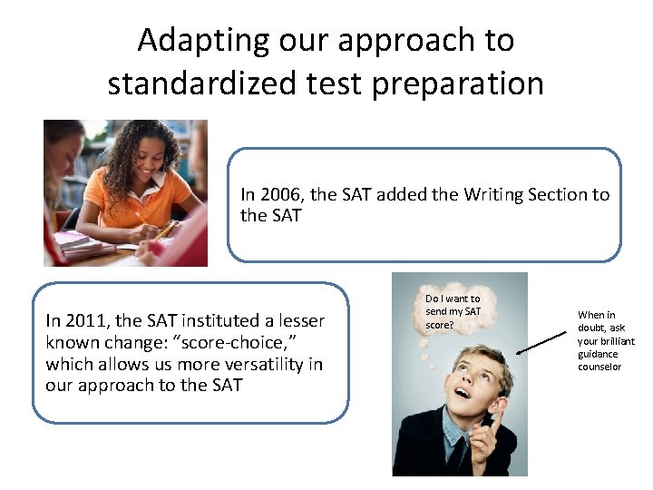 Adapting our approach to standardized test preparation In 2006, the SAT added the Writing