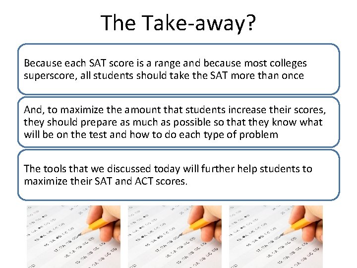 The Take-away? Because each SAT score is a range and because most colleges superscore,