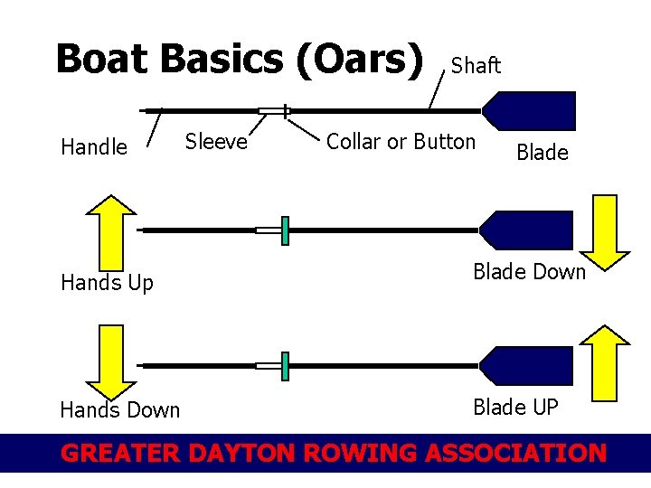 Boat Basics (Oars) Handle Sleeve Shaft Collar or Button Blade Hands Up Blade Down