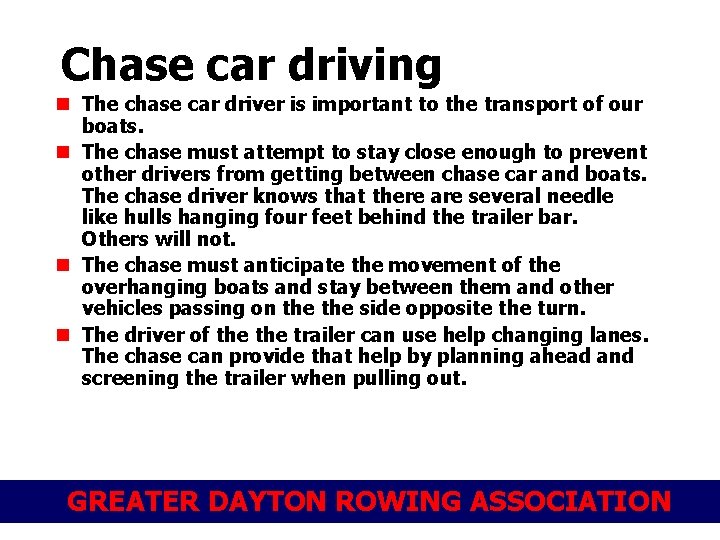 Chase car driving n The chase car driver is important to the transport of