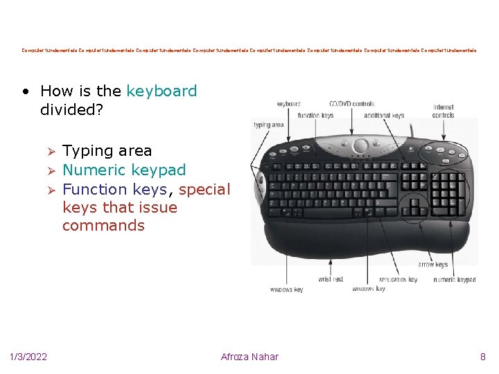 Computer fundamentals Computer fundamentals • How is the keyboard divided? Ø Ø Ø 1/3/2022