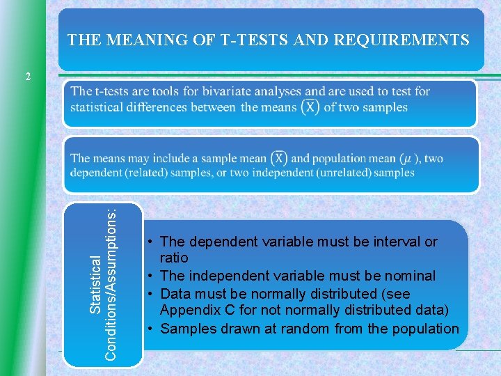 THE MEANING OF T-TESTS AND REQUIREMENTS Statistical Conditions/Assumptions: 2 • The dependent variable must