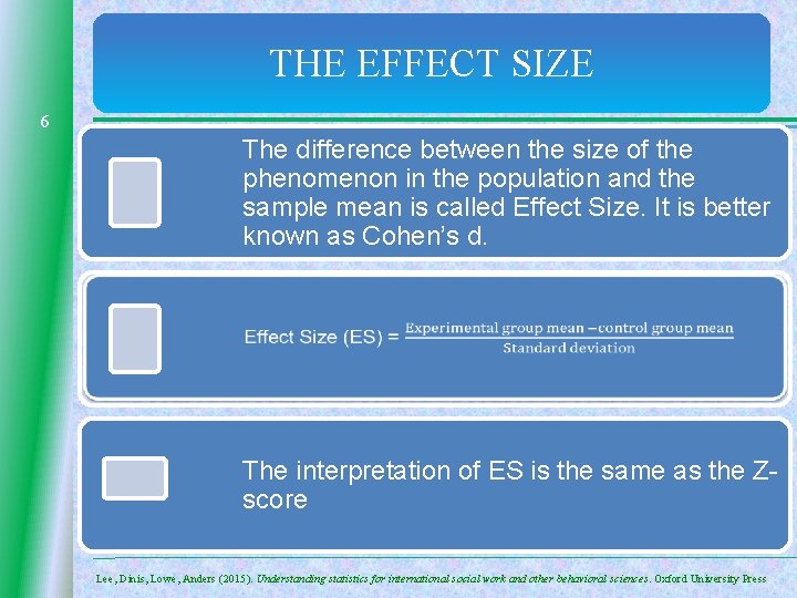 THE EFFECT SIZE 6 The difference between the size of the phenomenon in the