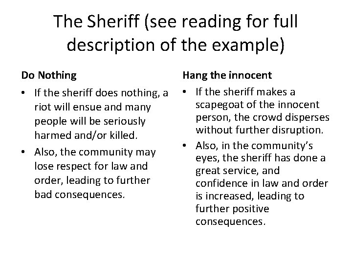 The Sheriff (see reading for full description of the example) Do Nothing • If