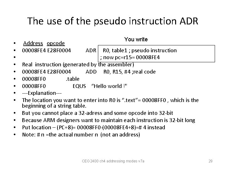 The use of the pseudo instruction ADR • • • • Address opcode 00008 The use of the pseudo instruction ADR • • • • Address opcode 00008