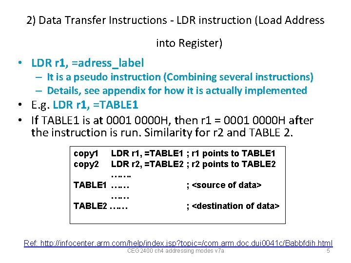 2) Data Transfer Instructions - LDR instruction (Load Address into Register) • LDR r 2) Data Transfer Instructions - LDR instruction (Load Address into Register) • LDR r
