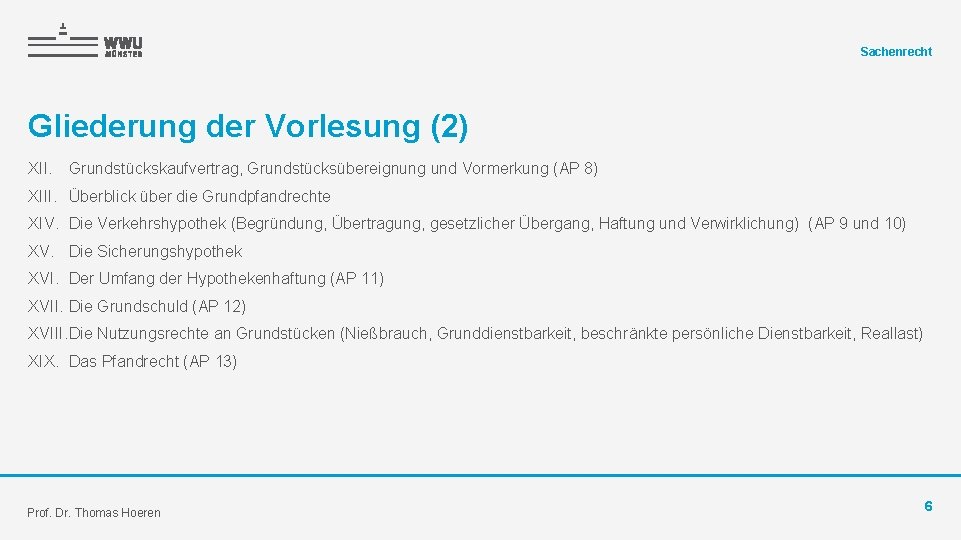 Sachenrecht Gliederung der Vorlesung (2) XII. Grundstückskaufvertrag, Grundstücksübereignung und Vormerkung (AP 8) XIII. Überblick