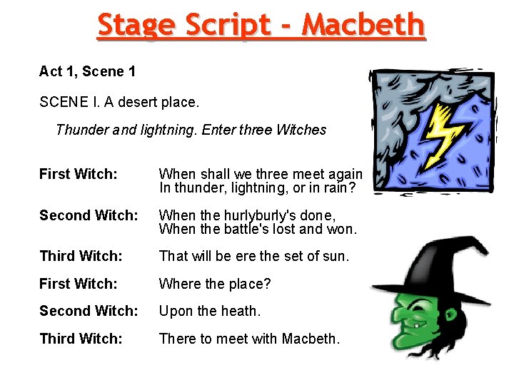 Stage Script - Macbeth Act 1, Scene 1 SCENE I. A desert place. Thunder