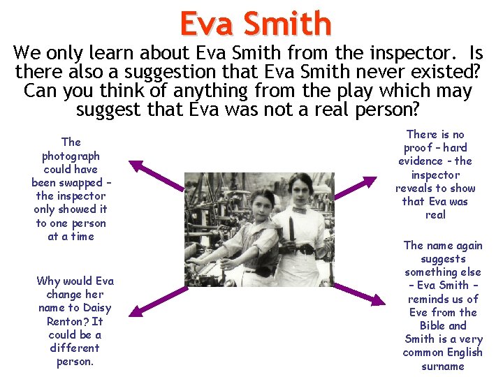 Eva Smith We only learn about Eva Smith from the inspector. Is there also