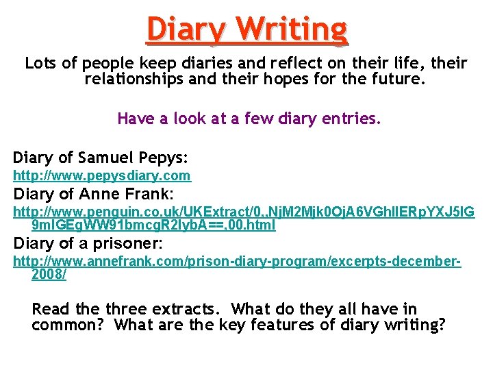 Diary Writing Lots of people keep diaries and reflect on their life, their relationships
