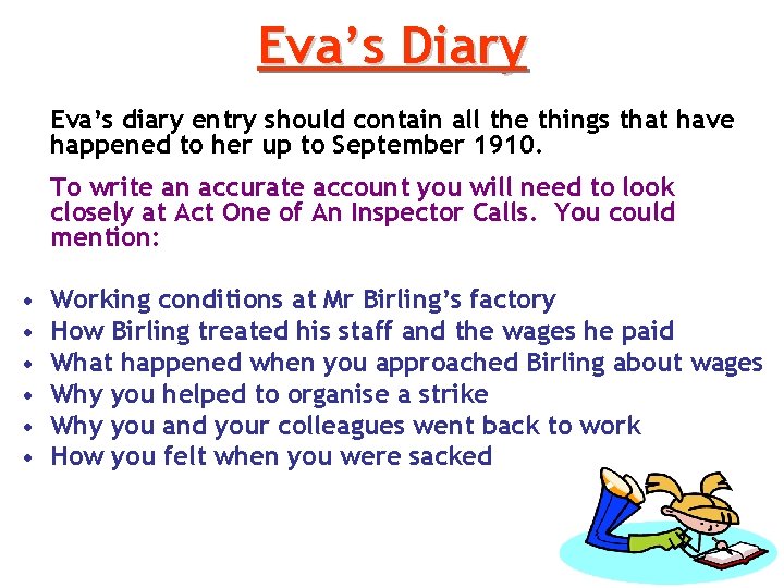 Eva’s Diary Eva’s diary entry should contain all the things that have happened to