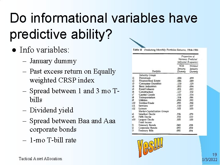 Do informational variables have predictive ability? l Info variables: – January dummy – Past